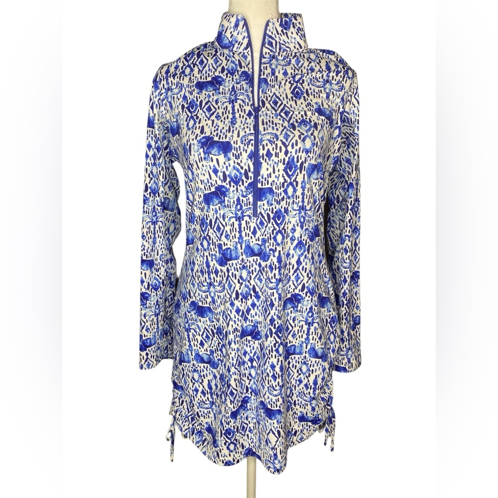 IBKUL KENDRA DENIM Blue Elephant Print Long Sleeve Golf Dress - Size XS